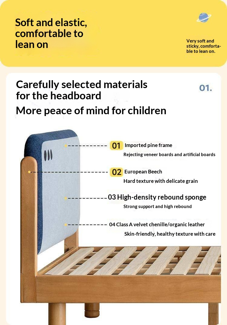 Beech Solid Wood Kids Montessori Platform Bed with Upholstered Headboard