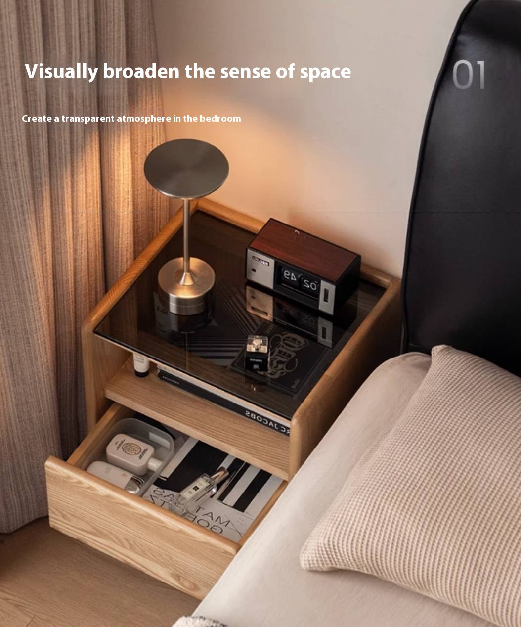 Black walnut, Ash, Cherry, Poplar, Solid Rubberwood Modern Nightstand.
