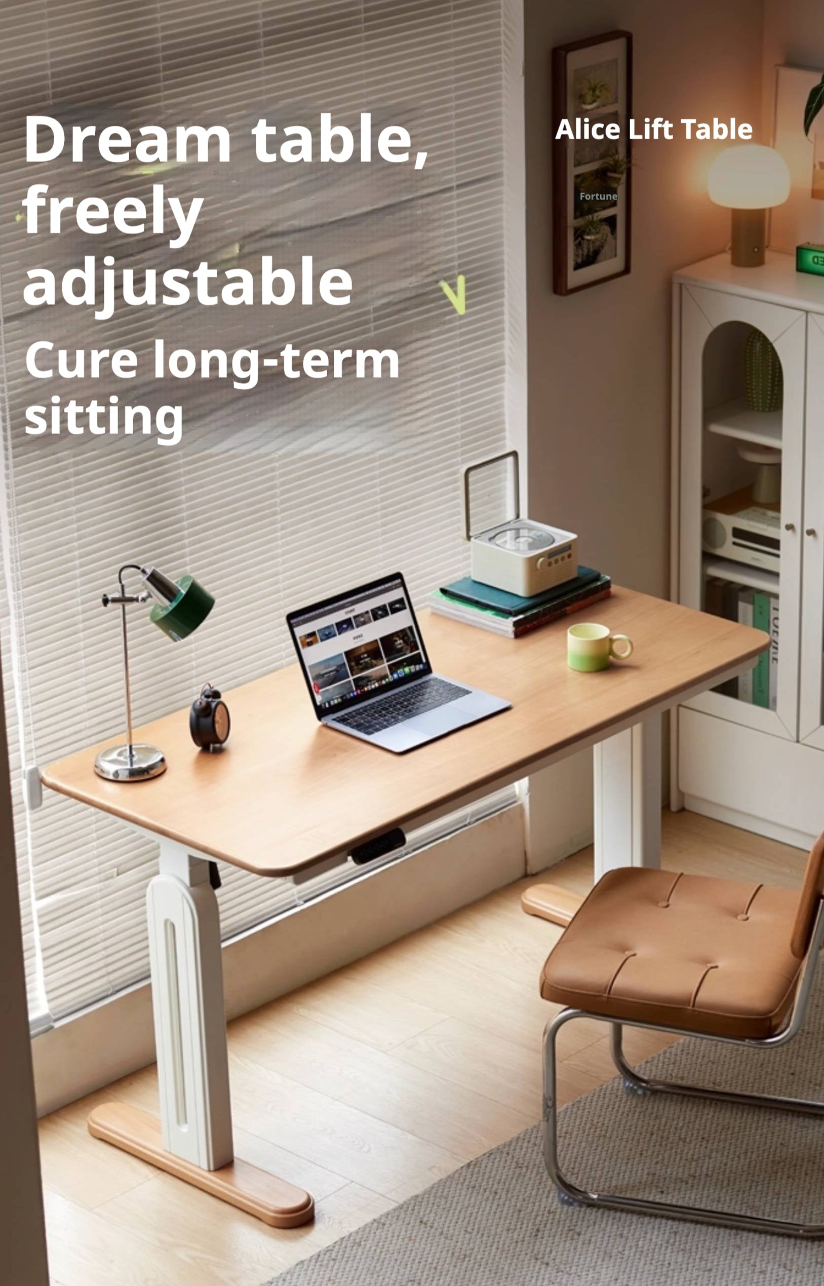 Beech Solid Wood Cream Style Study Electric Lift Desk.