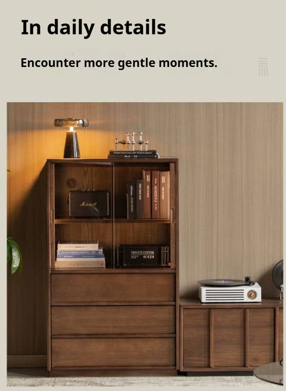 Sandalwood Solid Wood Tall Side Cabinet with Louvered Sliding Door and LED Lighting