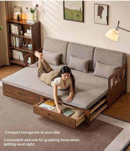 Oak Solid Wood Spindle Daybed with Trundle and Storage Drawers