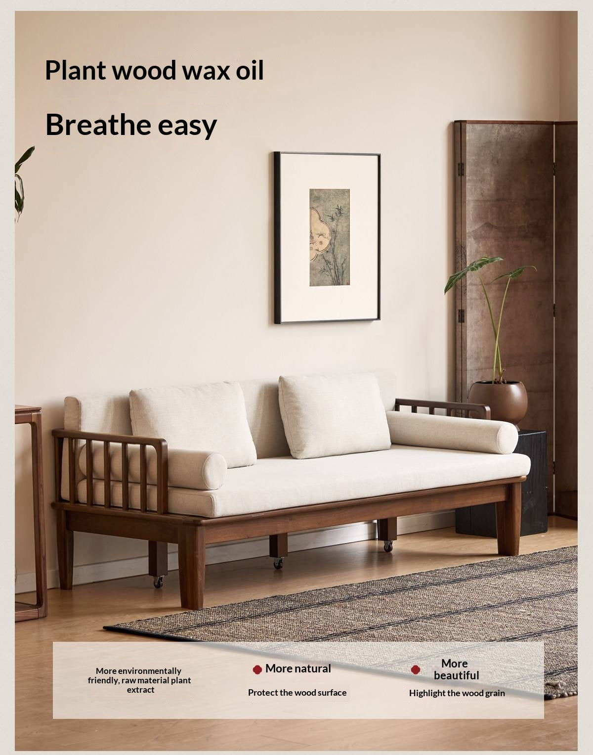 Black Walnut, Ash Solid Wood Daybed Sleeper Sofa with Slatted Wood Back and Arms