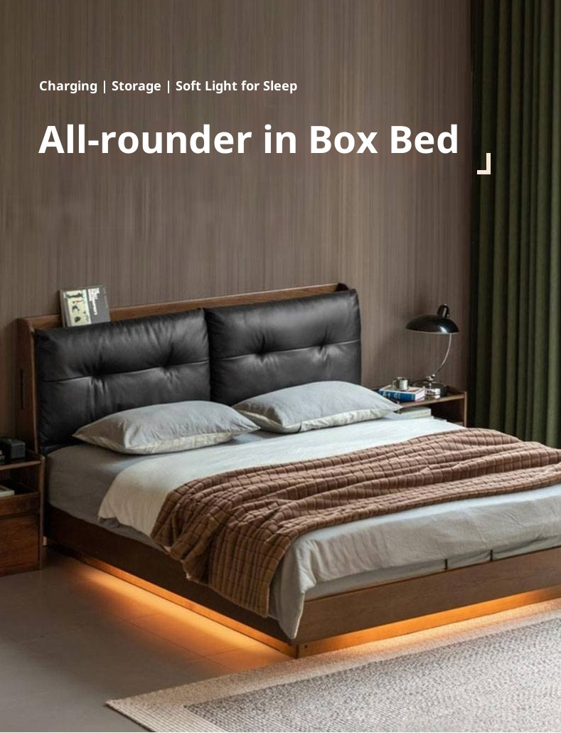 Oak Solid Wood Luxury Genuine Leather Box Bed