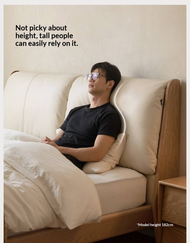 Oak Solid Wood Bed — Italian Light Luxury with White Genuine Leather and Soft Backrest