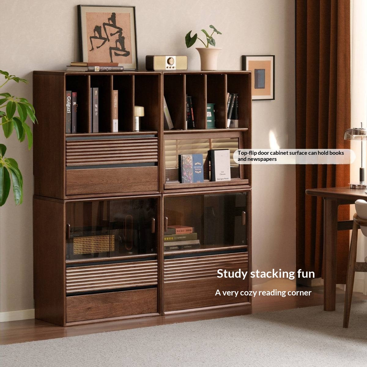 Golden Sandalwood Solid Wood Wall-Mounted Bookcase with Free Combination Grid Design