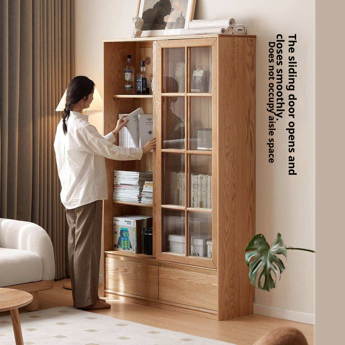 Ash Solid Wood Bookcase with Sliding Doors and Floor-to-Wall Glass Display Cabinet