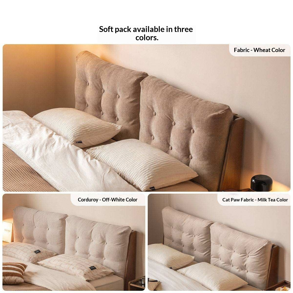 Rubberwood Solid Wood Bed with Oversized Soft Pillow Headboard