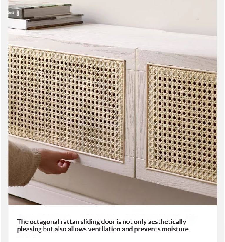 Ash Solid Wood Rattan TV Cabinet Cream Style LED Lights.