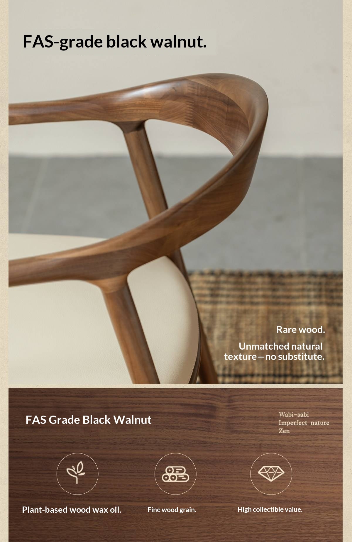 Black Walnut, Ash Solid Wood Horseshoe Back Wood Armchair