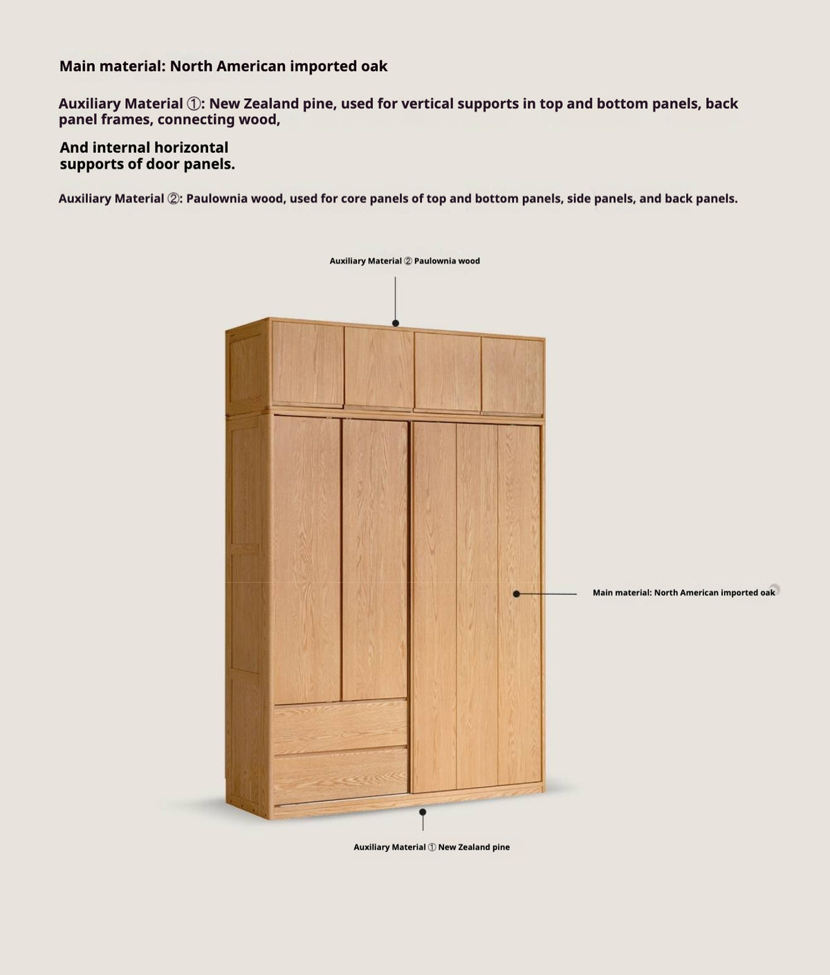 Oak Solid Wood Modern Storage Wardrobe with Casual Style