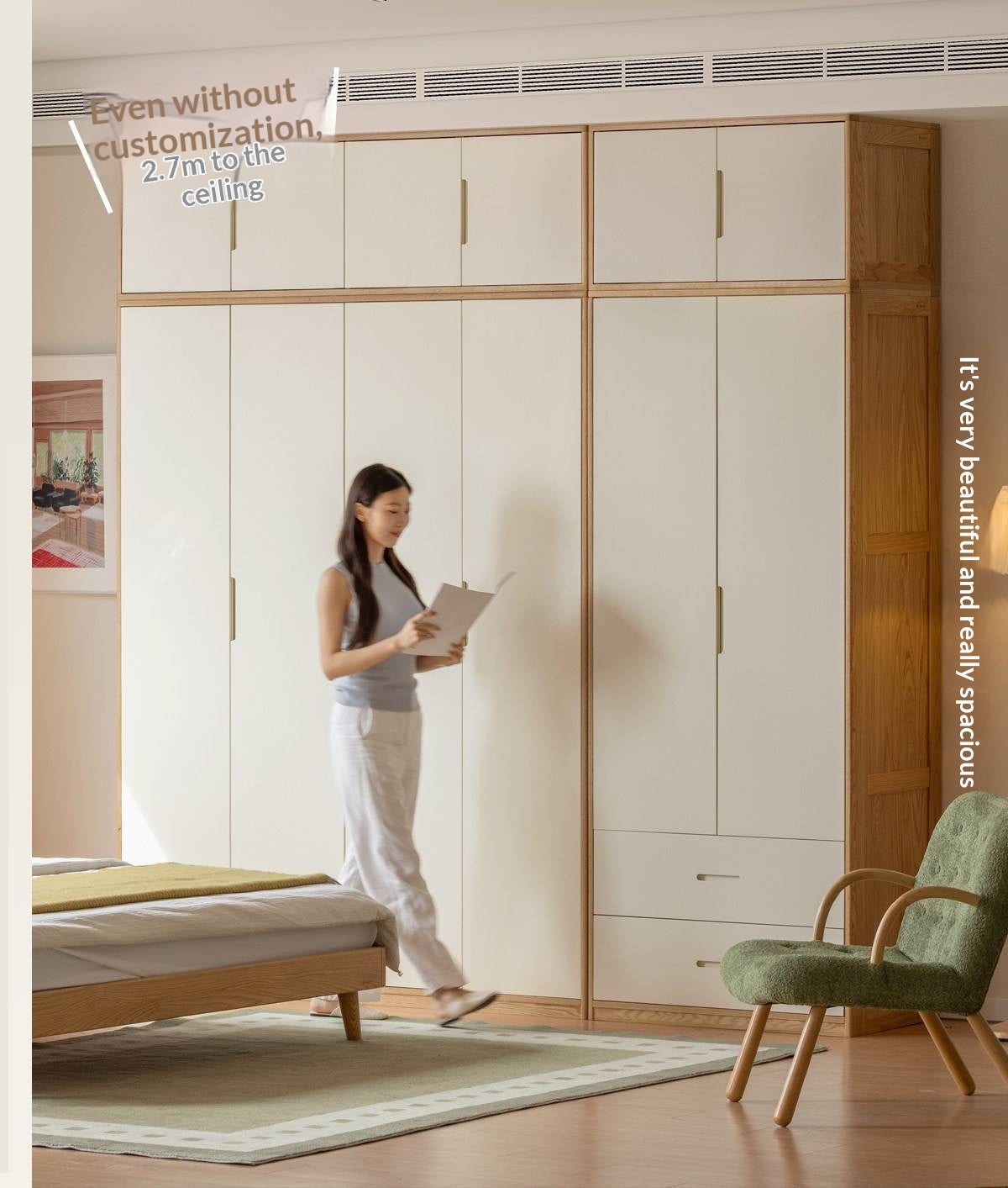 Oak Solid Wood Armoire Wardrobe with Hanging Rod and Drawers