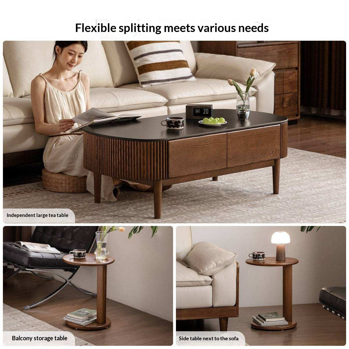 Oak Solid Wood Coffee Table with Rock Plate Surface