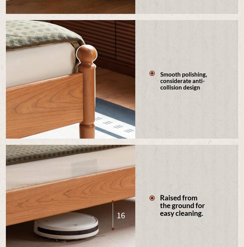 Cherry Solid Wood Fabric Upholstered Bed