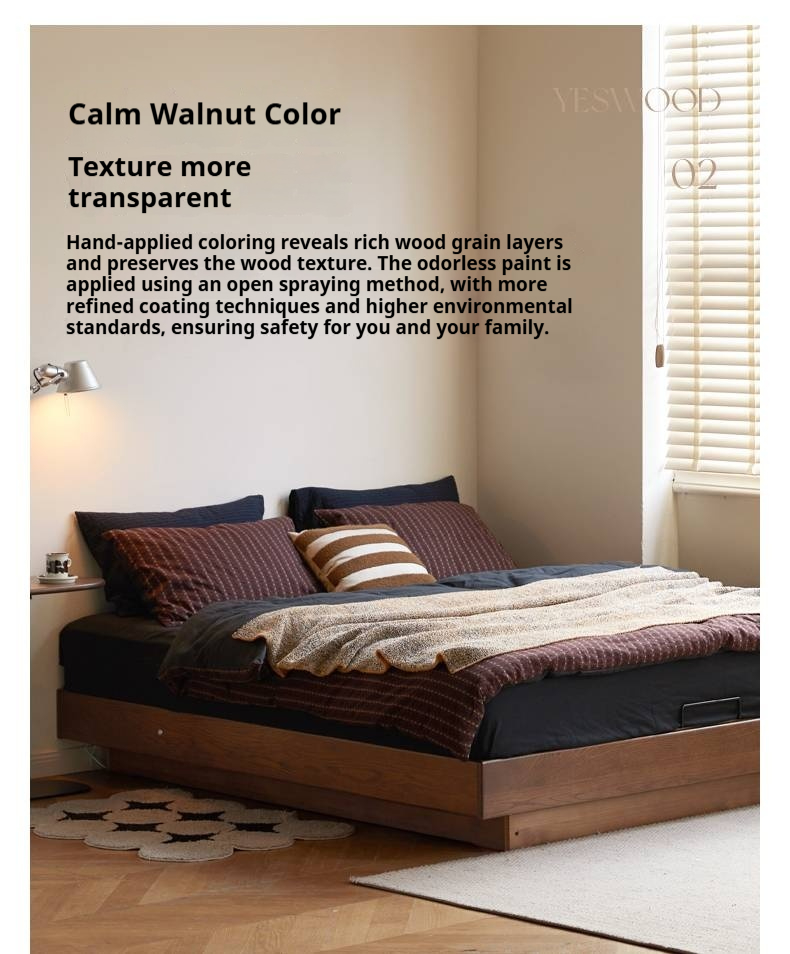 Oak Solid Wood Floating Platform Box Bed, Headboard-Free Bed with Light Modern Minimalist