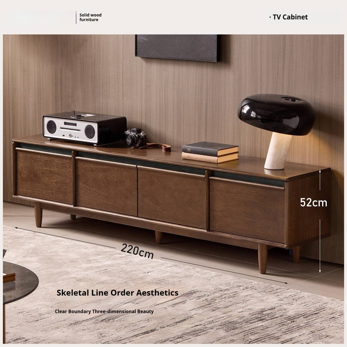Sandalwood Solid Wood Italian Minimalist TV Console with Tapered Legs