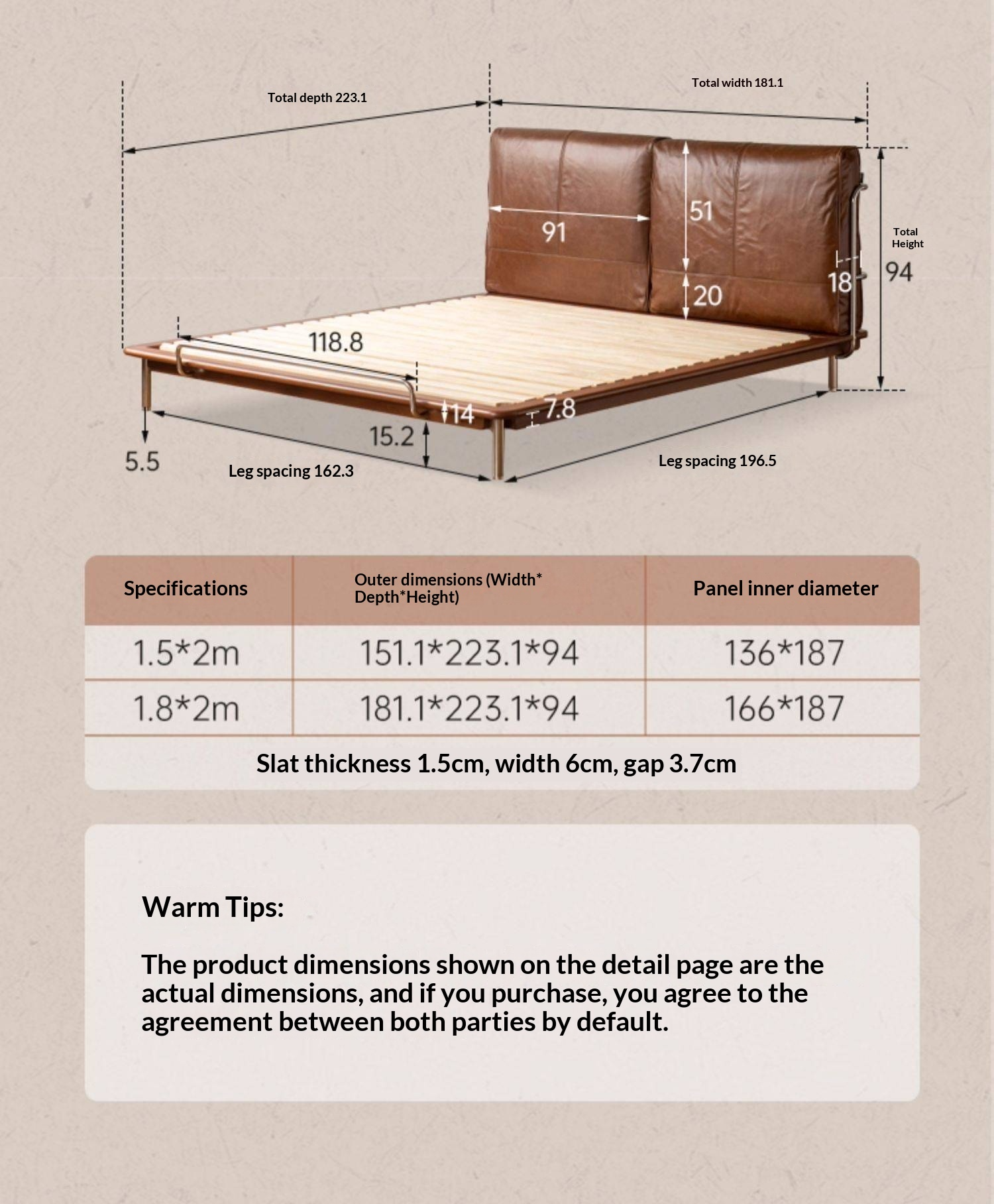 Genuine Leather Bauhaus Style Double Bed with Top Grain Cowhide Soft Backrest