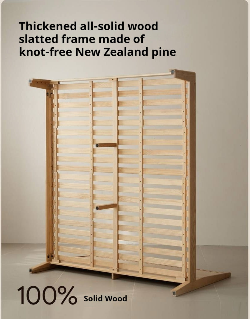 Ash Solid Wood Modern Minimalist Bed with Grooved Headboard and High Under-Bed Clearance