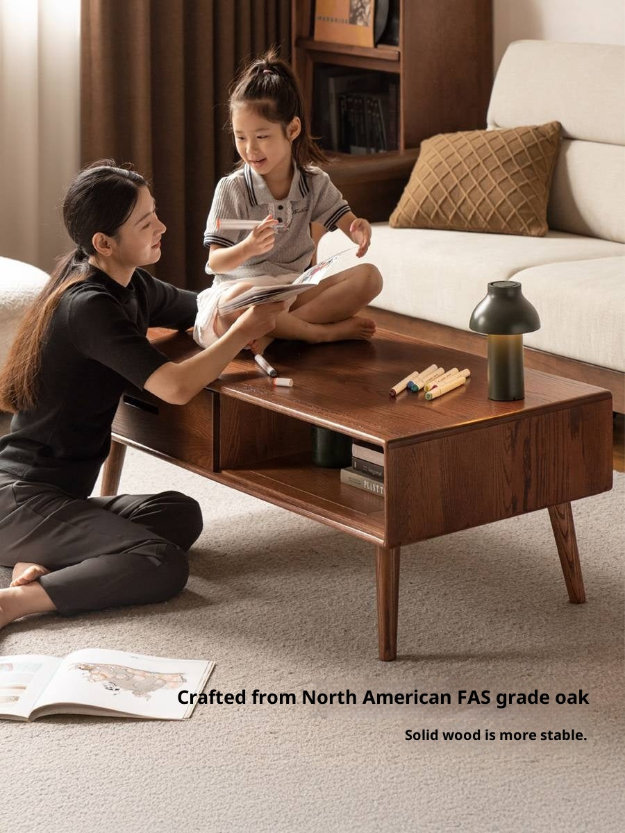 Oak, Solid Rubberwood Two-Drawer Coffee Table Walnut Color