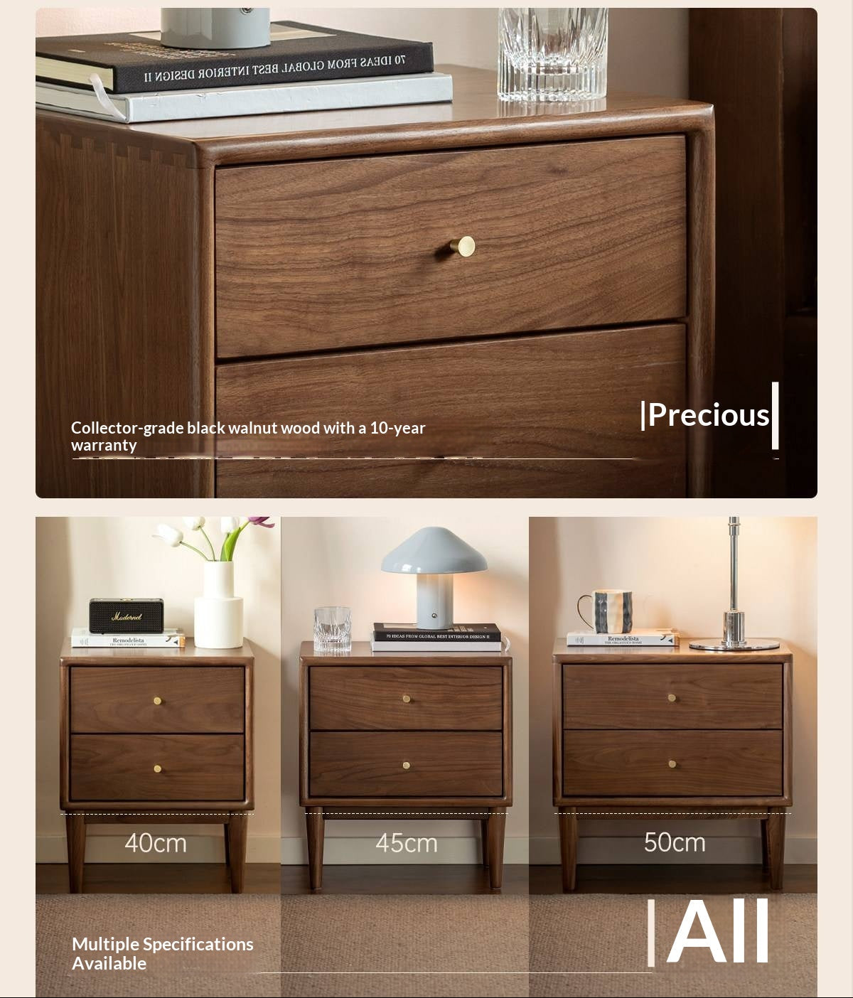 Black Walnut Solid Wood, Solid Longan Hardwood Nightstand.