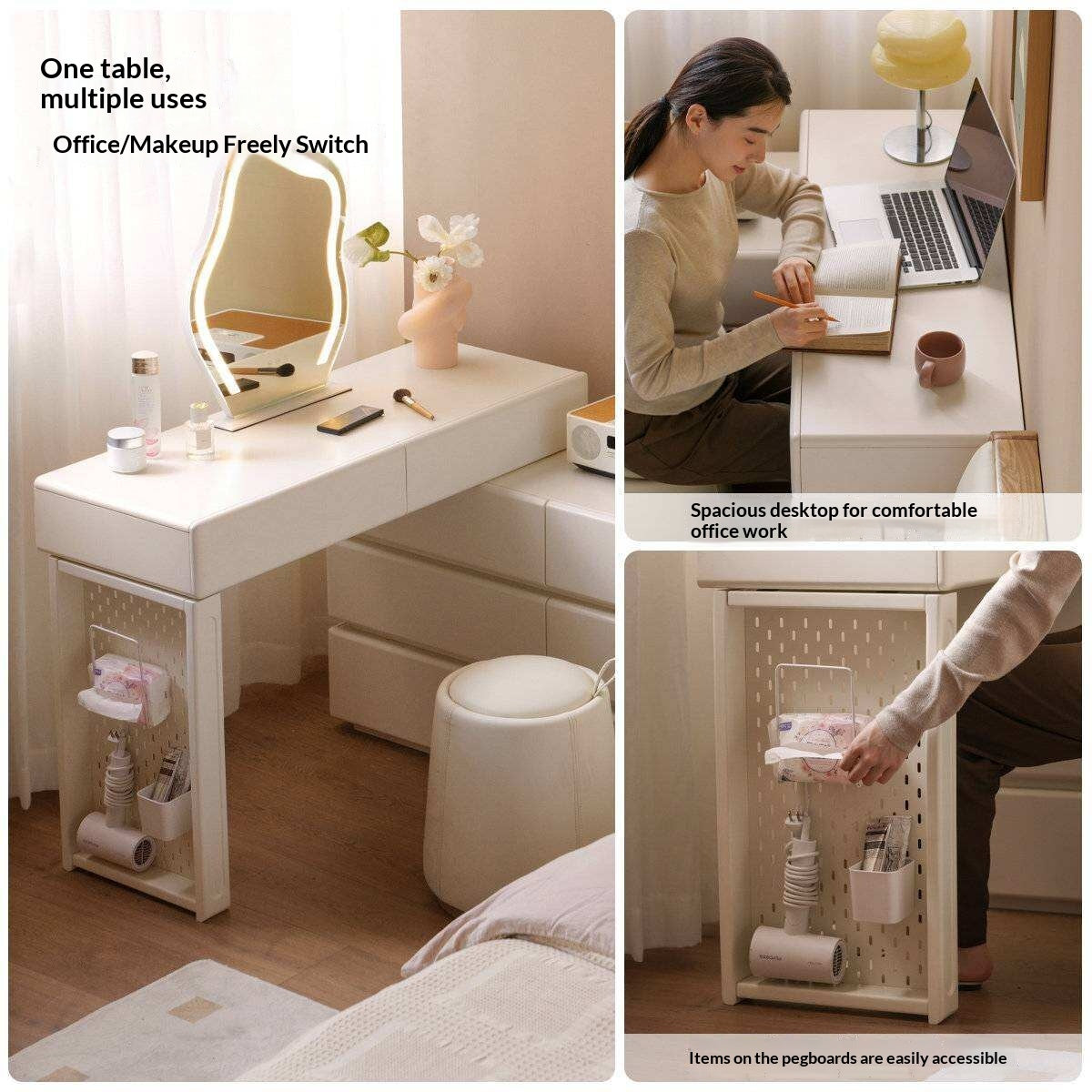 Solid Rubberwood Telescopic Vanity Table with Single-Layer Storage in White Cream