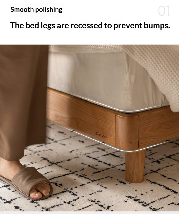 Cherry Solid Wood Bed with Top Layer Cowhide Soft Headboard Retro Style