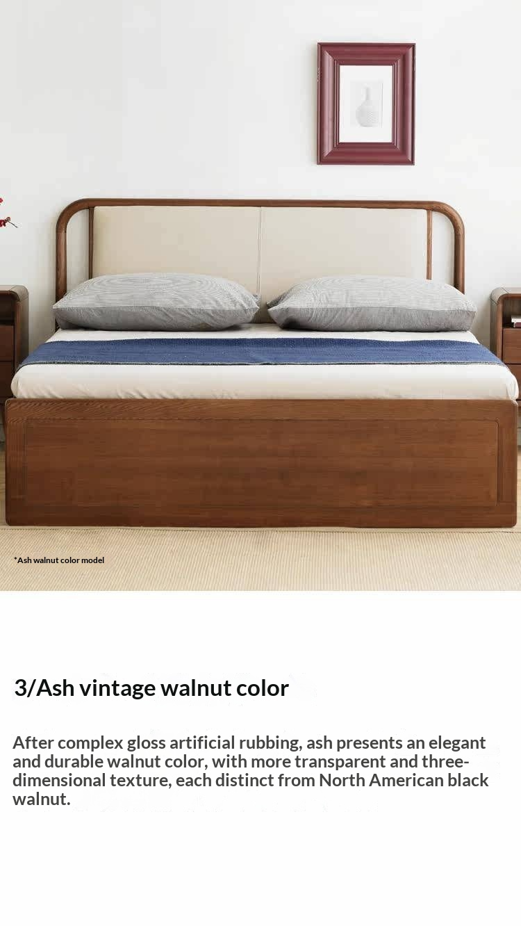 Ash Solid Wood Floor Bed — Modern Minimalist, High Box Design with Genuine Leather