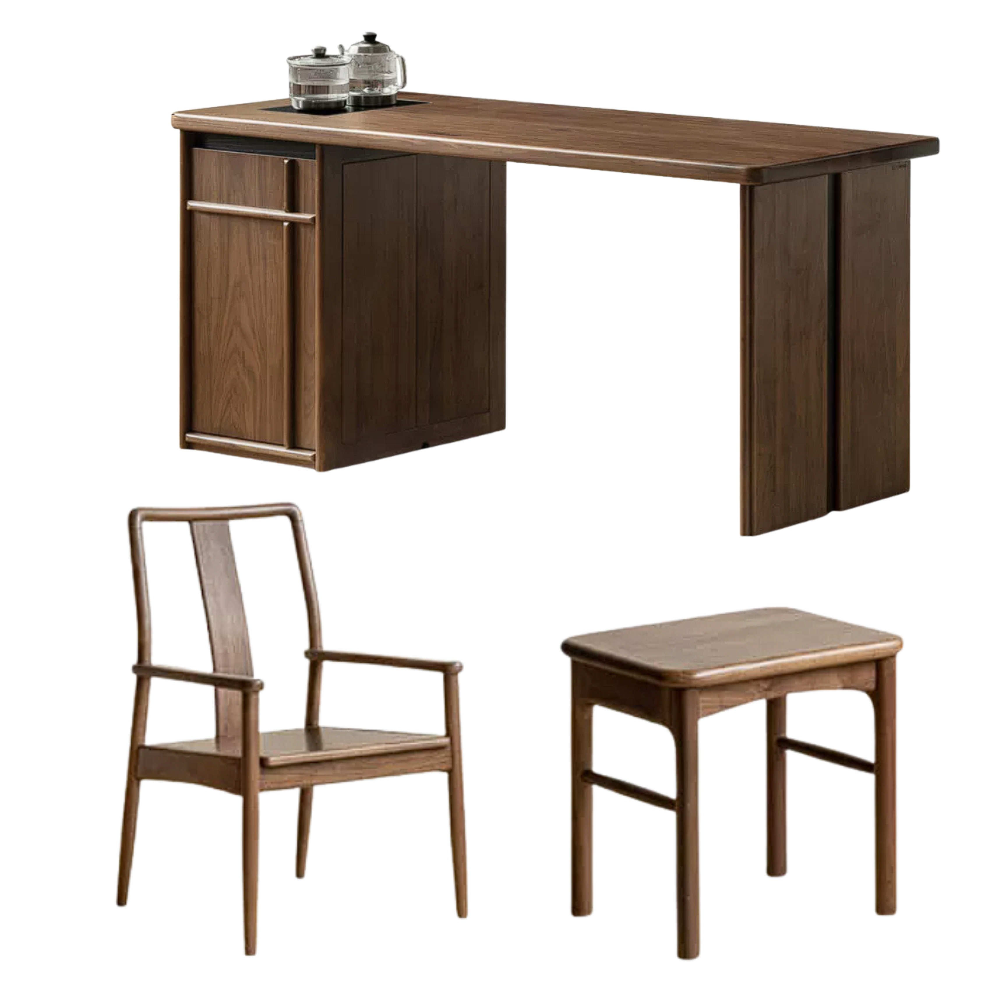 Black Walnut, Golden Pearwood Solid Wood Rectangular Tea Table with Tea Tray