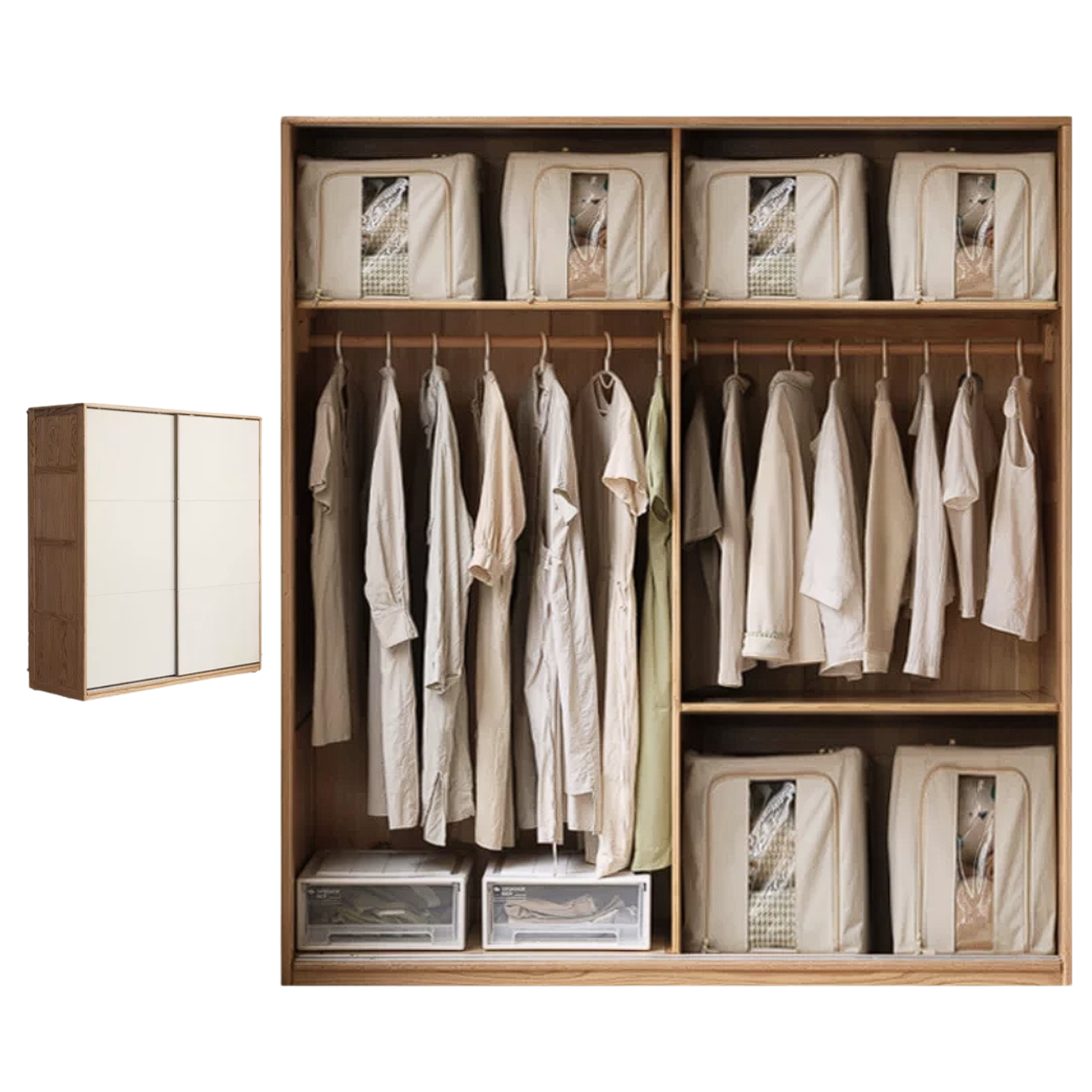 Oak, Rubberwood Solid Wood Sliding Door Storage Wardrobe