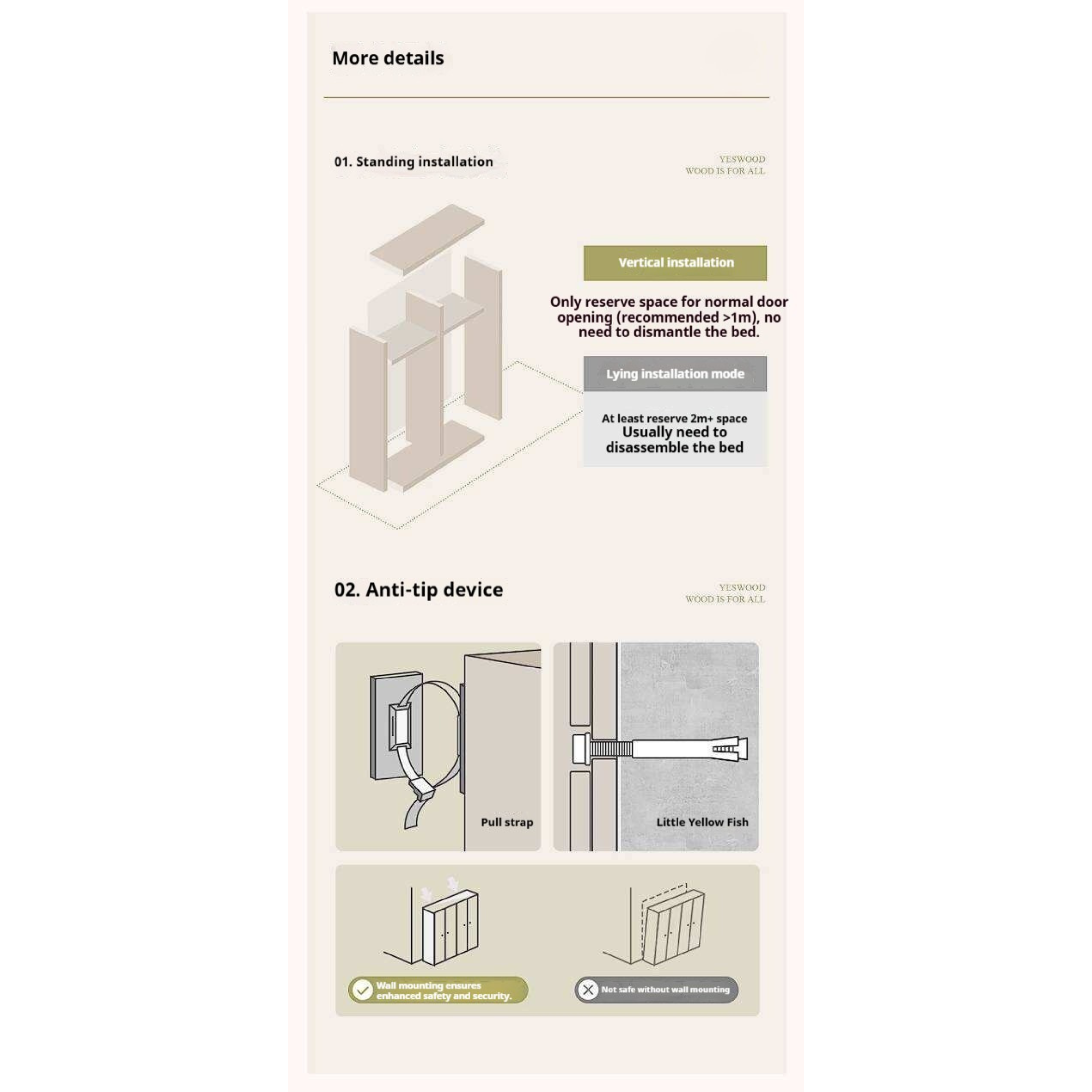 Pine Solid Wood Wardrobe with French Cream Finish and Double Doors