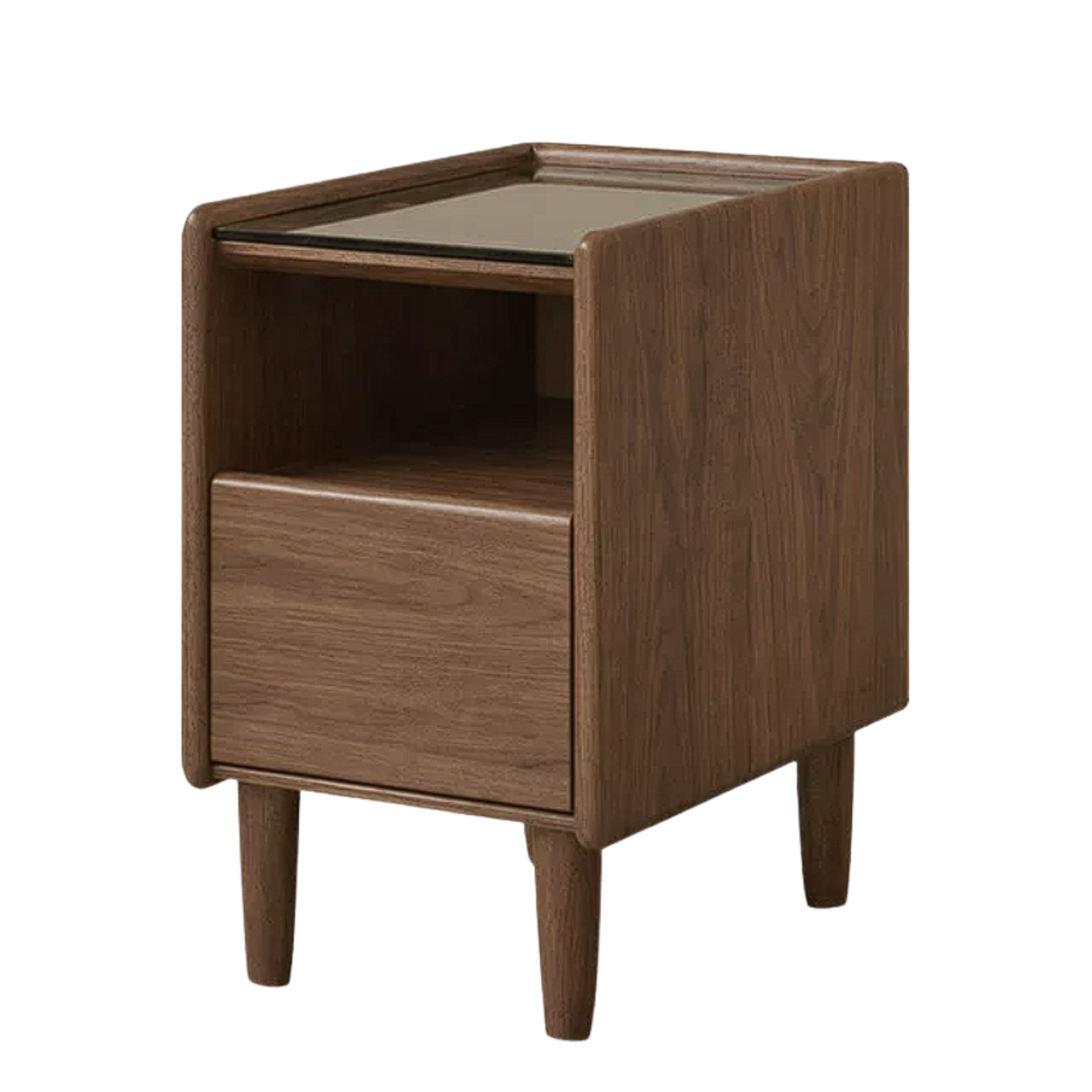 Black Walnut, Catalpa, Sandalwood Solid Wood Nightstand Glass Countertop.