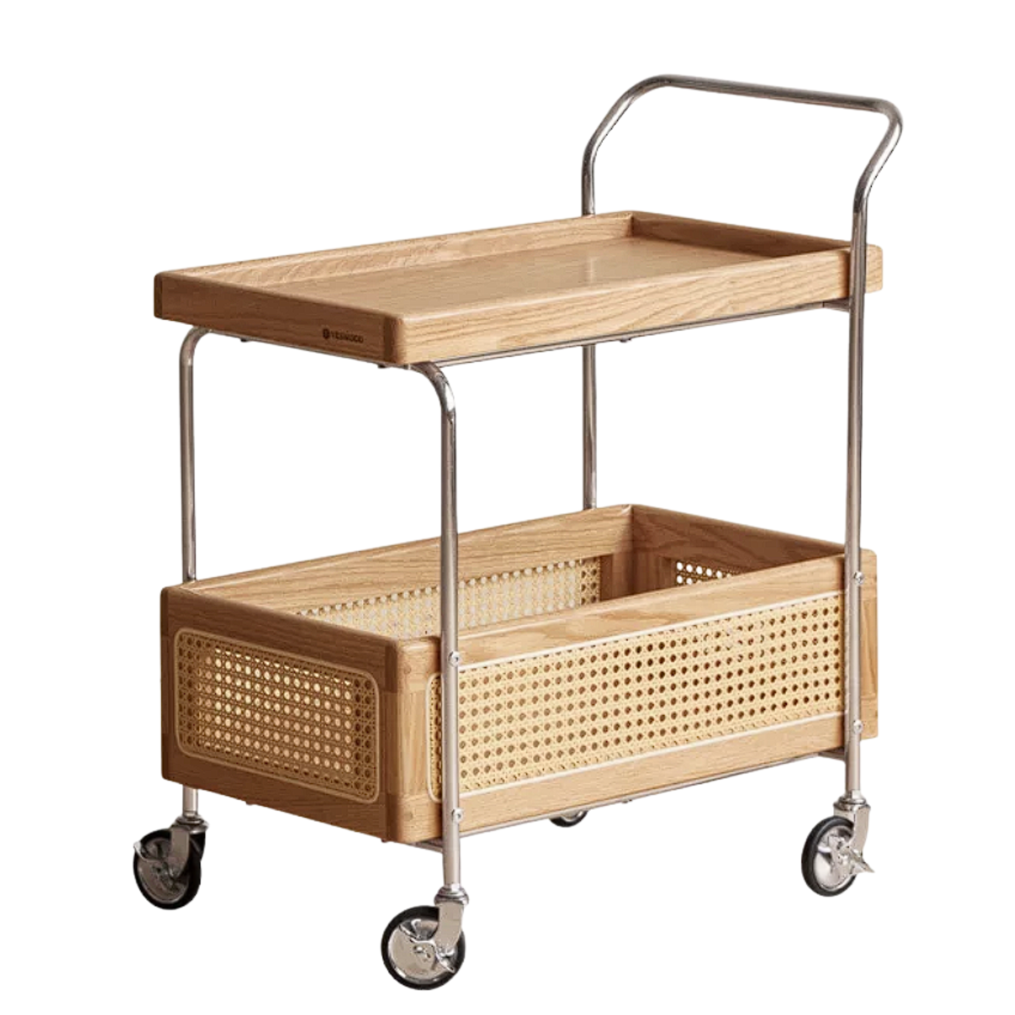 Oak, White Ash Solid Wood Side Table with Double Layer Storage and Rattan Accents, Mobile