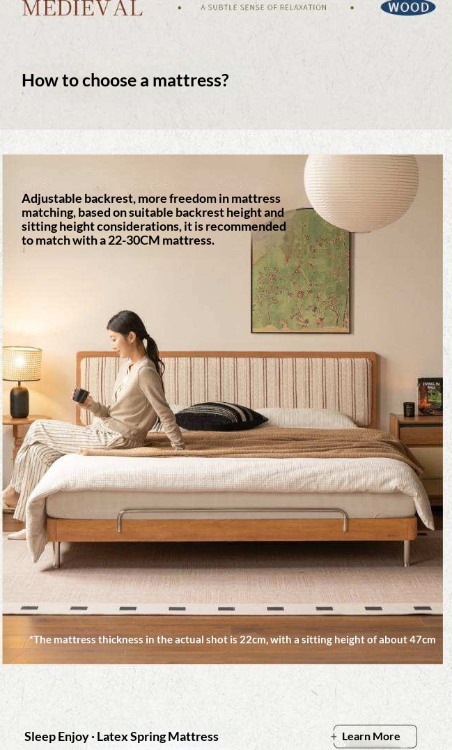 Cherry Solid Wood Bed with Modern Minimalist Design and Genuine Leather Headboard