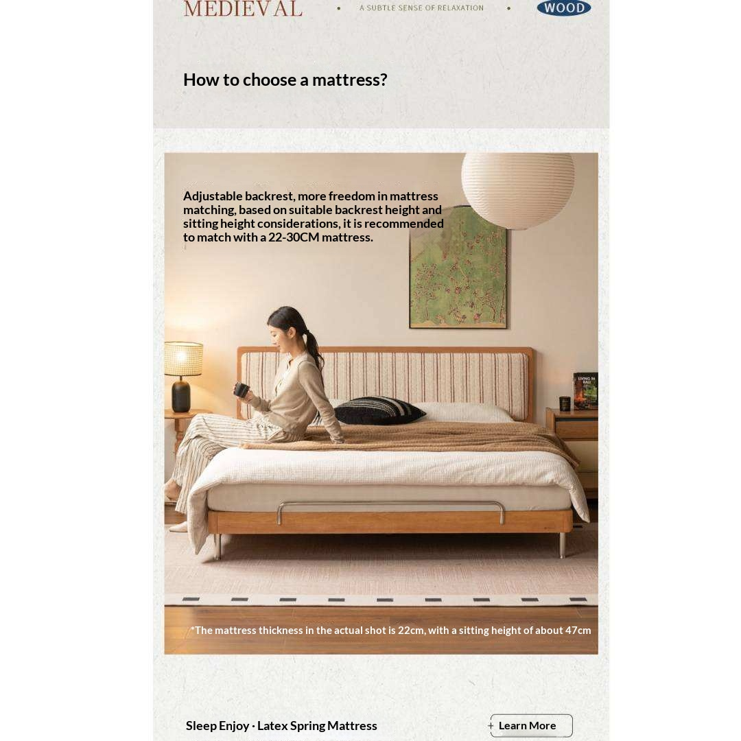 Cherry Solid Wood Bed with Modern Minimalist Design and Genuine Leather Headboard