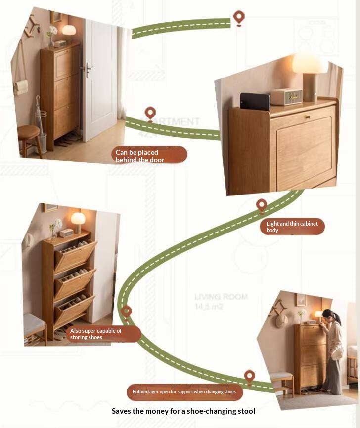Oak Solid Wood Flip-Front Shoe Cabinet with Compact Vertical Design