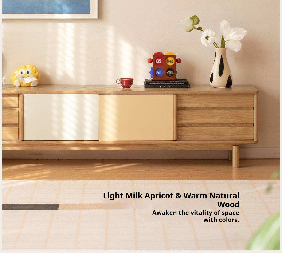 Ash Solid Wood TV Cabinet with Color Block Storage Design