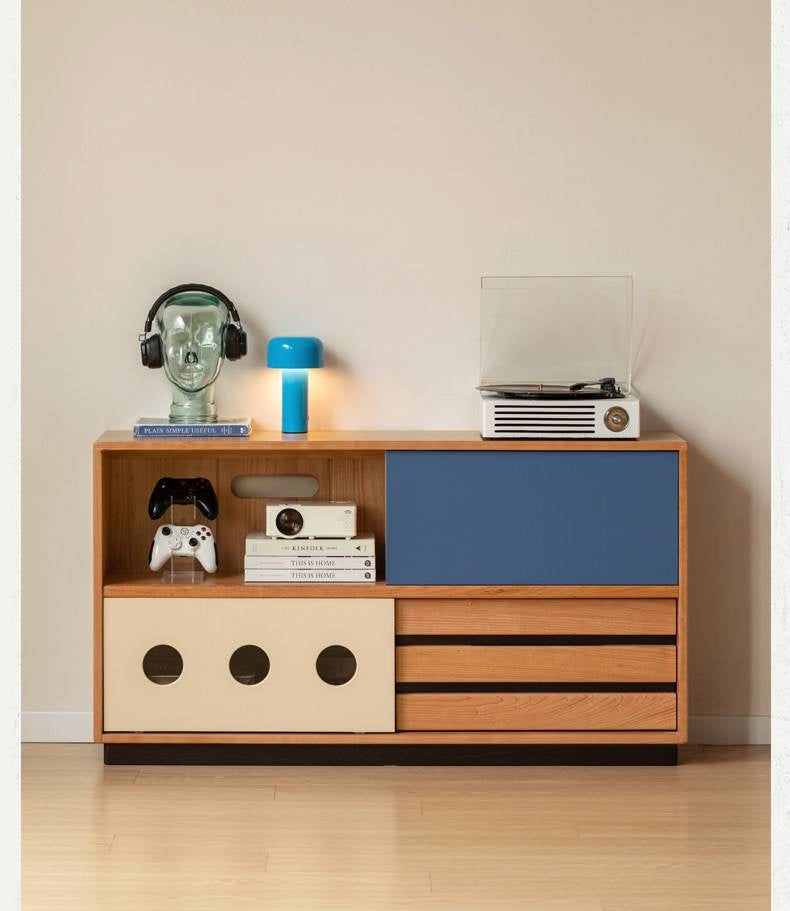 Cherry Solid Wood Vintage TV Stand with Wall-Mounted Tall Cabinet Design