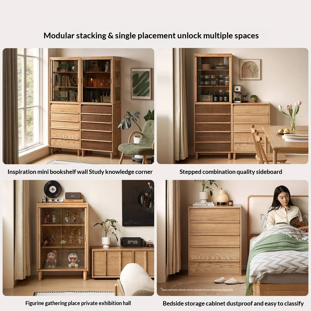 Black Walnut, Oak Solid Wood Glass Display Cabinet with Drawers