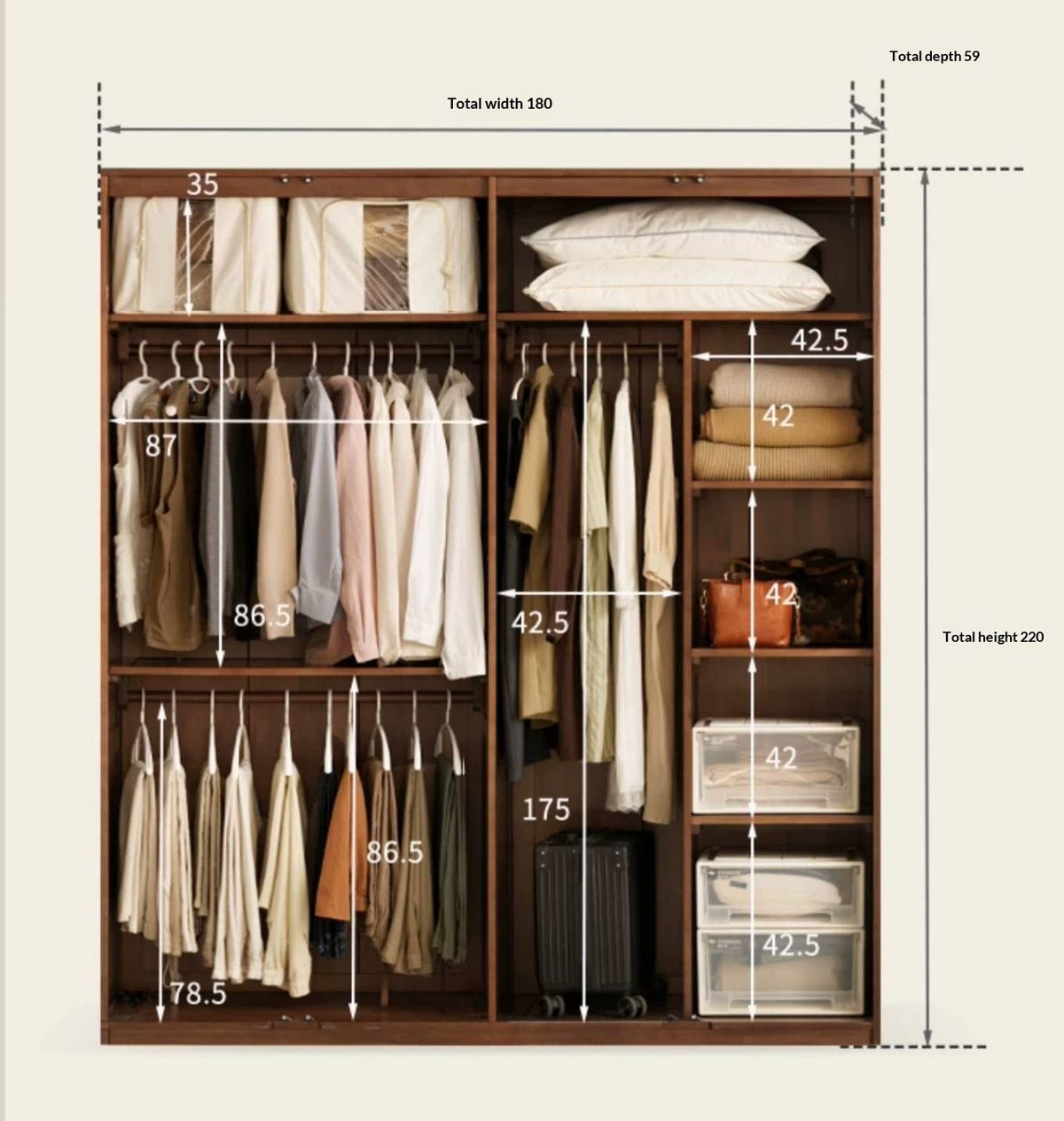Black Walnut Solid Wood Wardrobe Combination Storage Cabinet