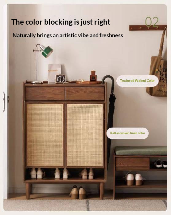 Oak Solid Wood Shoe Cabinet with Rattan Storage