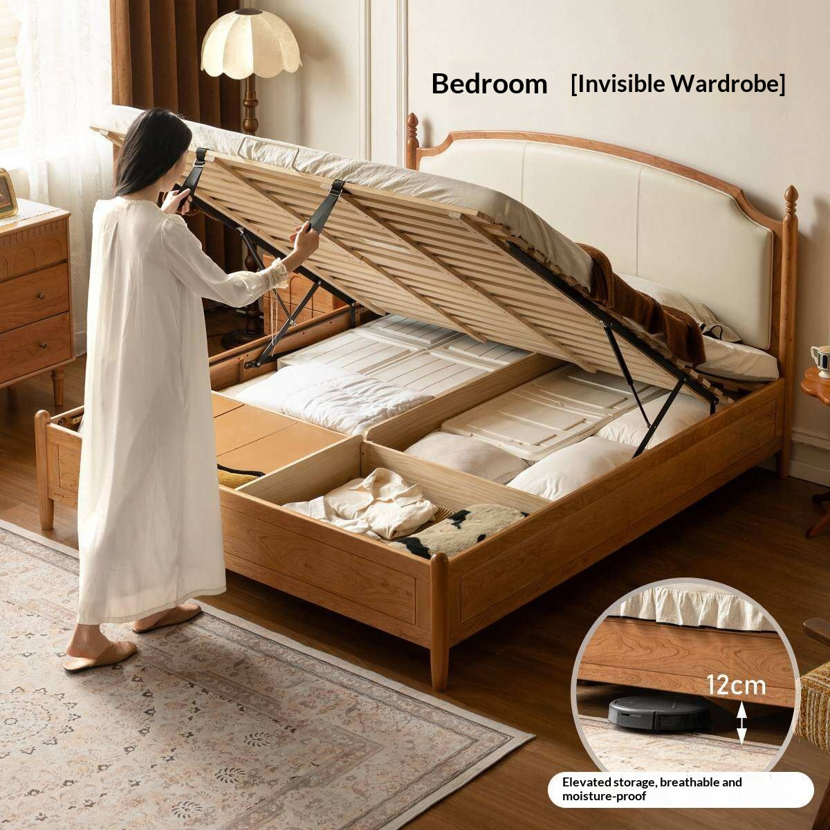Cherry Solid Wood Box Bed with French Country Arched Upholstered Headboard and Spindle Posts