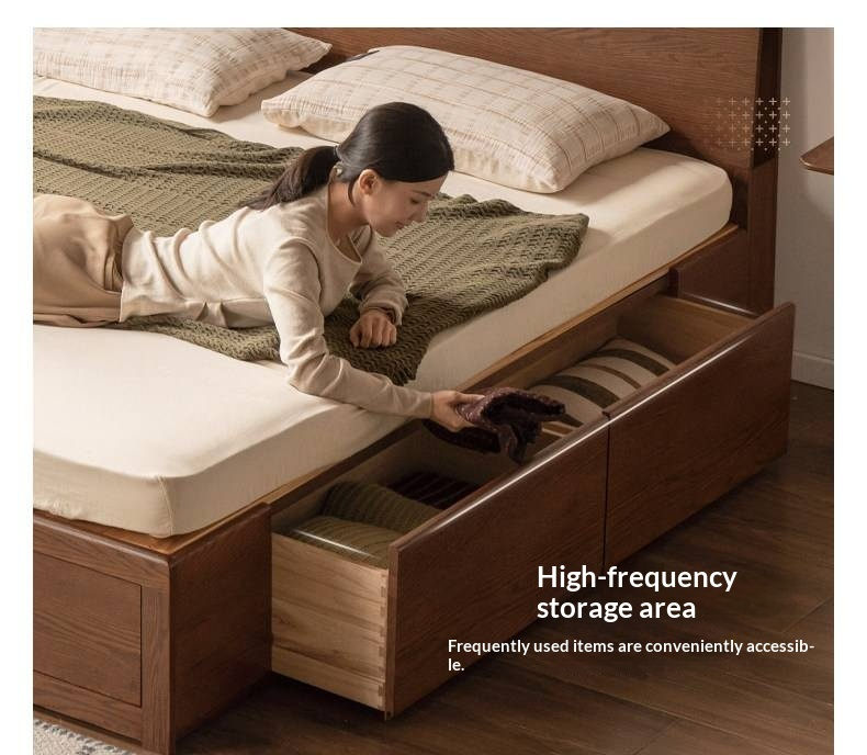 Oak, Rubberwood Solid Wood, Multifunctional Storage Box Bed