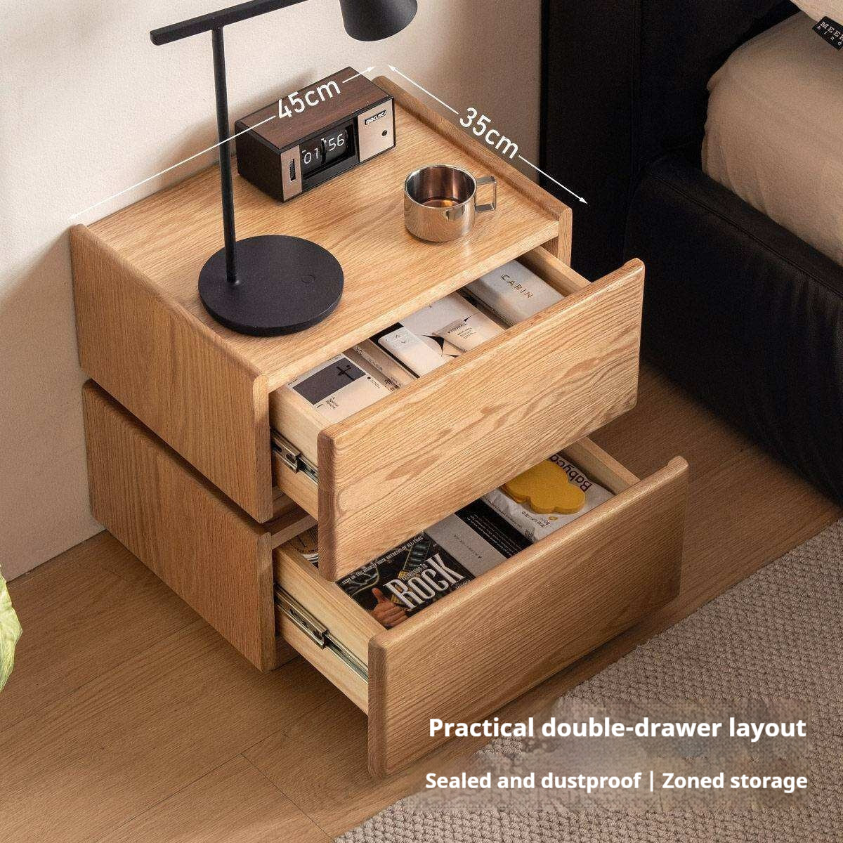 Oak Solid Wood Nightstand with Storage Drawer