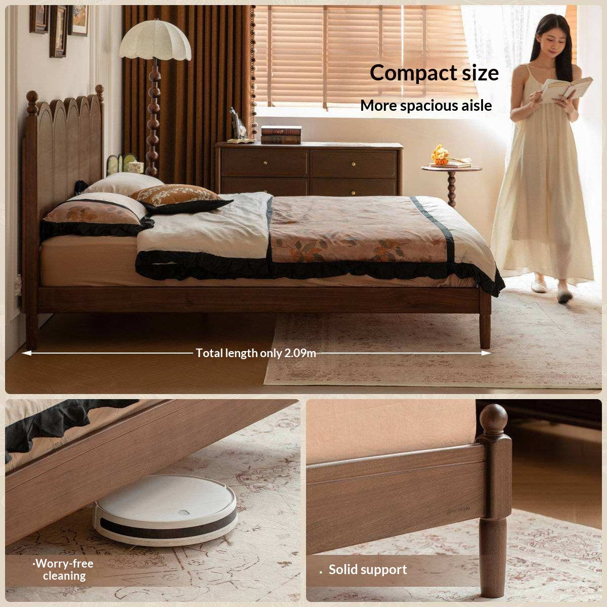 Black Walnut Solid Wood French Country Arched Platform Bed with Turned Posts