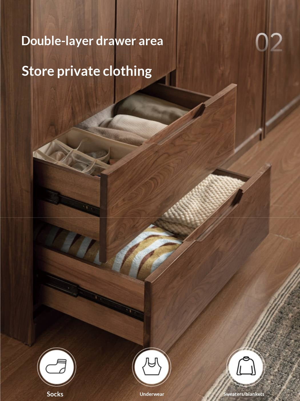 Black Walnut, Sandalwood Solid Wood Large Wardrobe