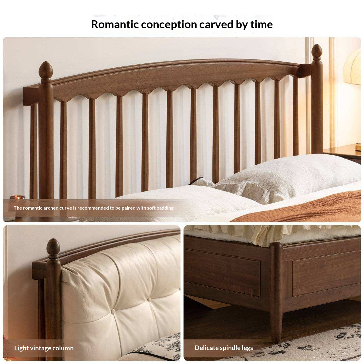 Black Walnut Solid Wood Four Poster Storage Bed with Tufted Headboard and Gas Lift
