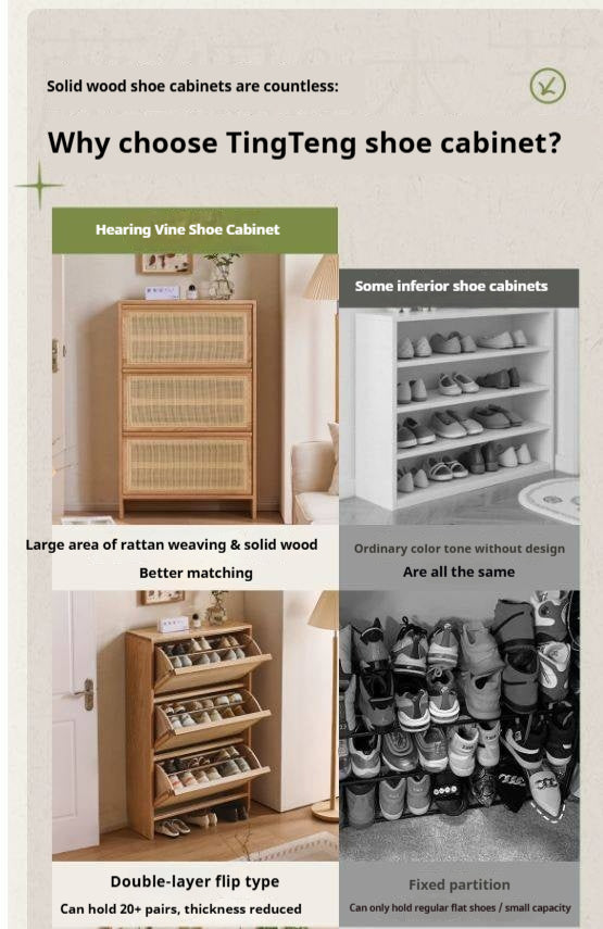 Oak Solid Wood Shoe Cabinet with Modern Minimalist Flip Door, Rattan Accents