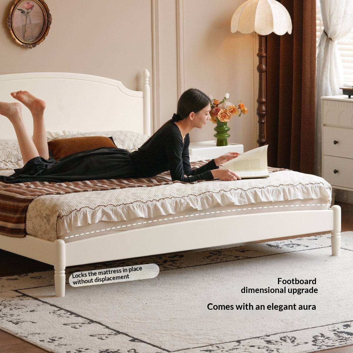 Rubberwood Solid Wood French Style Bed with White Curved Headboard and Elegant Retro Frame