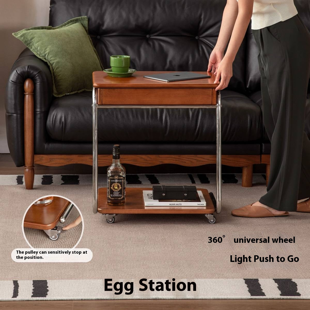 Tulipwood, Cherry Solid Wood Mobile Retro Side Table