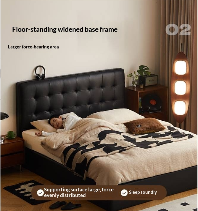 Genuine Leather Retro Box Bed — Black Upholstered, Simple Design