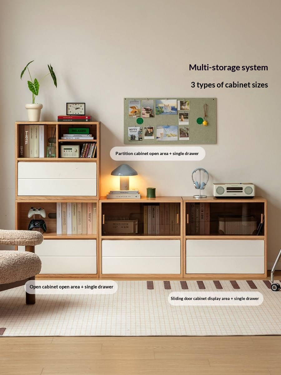 Oak Solid Wood Modular TV Cabinet System with Two-Tone Sliding Doors